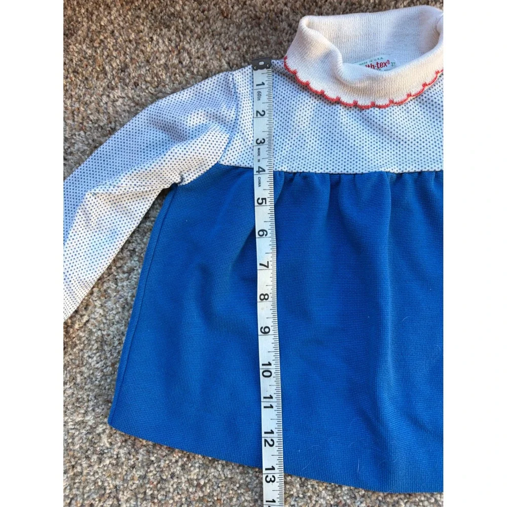 Vintage Health-tex Girls 3T Blue Polka Dot Scalloped Neck Embroidered Top USA